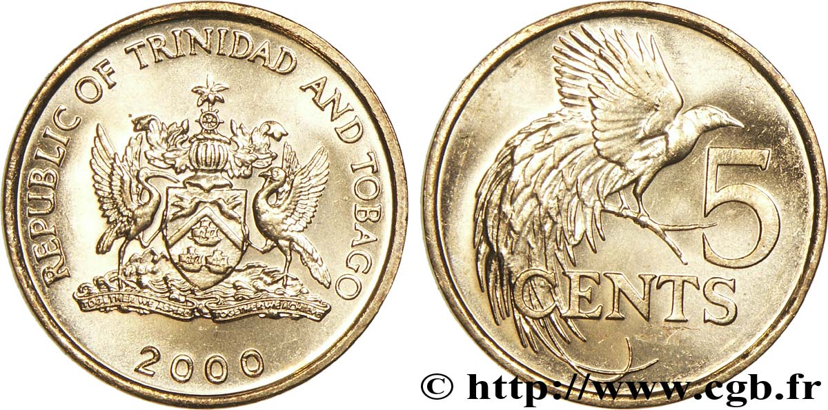 TRINIDAD and TOBAGO 5 Cents emblème / oiseau de paradis 2000  MS 