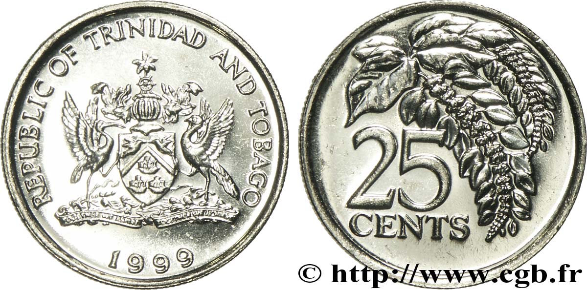TRINIDAD UND TOBAGO 25 Cents emblème / chaconia, fleur emblème de Trinidad 1999  fST 
