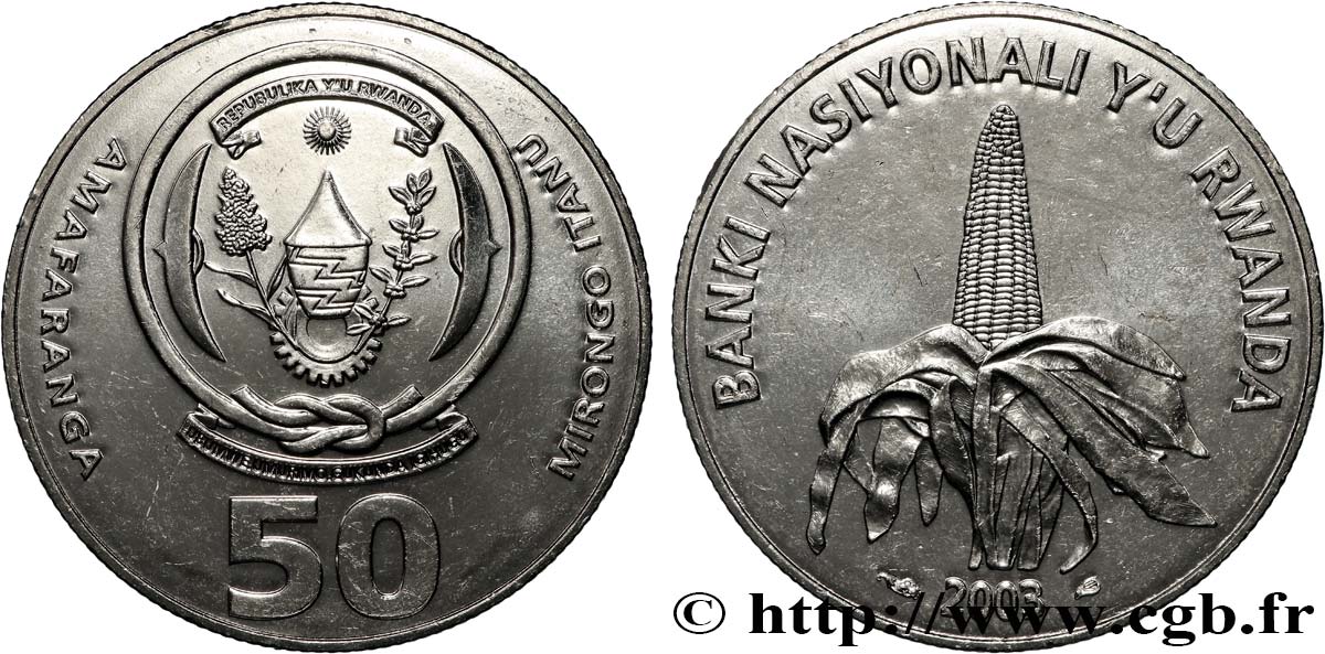 RWANDA 50 Francs emblème / épis de mais 2003  SPL 