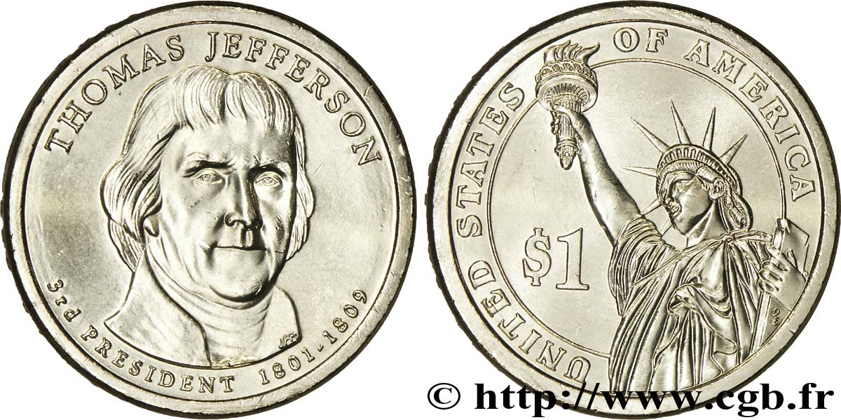STATI UNITI D AMERICA 1 Dollar Présidentiel Thomas Jefferson / statue de la liberté type tranche B 2007 Philadelphie - P MS 