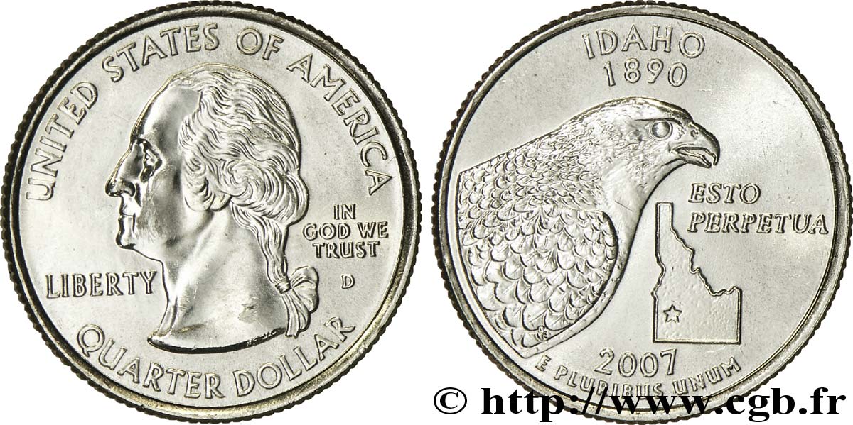 ESTADOS UNIDOS DE AMÉRICA 1/4 Dollar Idaho : faucon pèlerin et limite de l’état 2007 Denver SC 