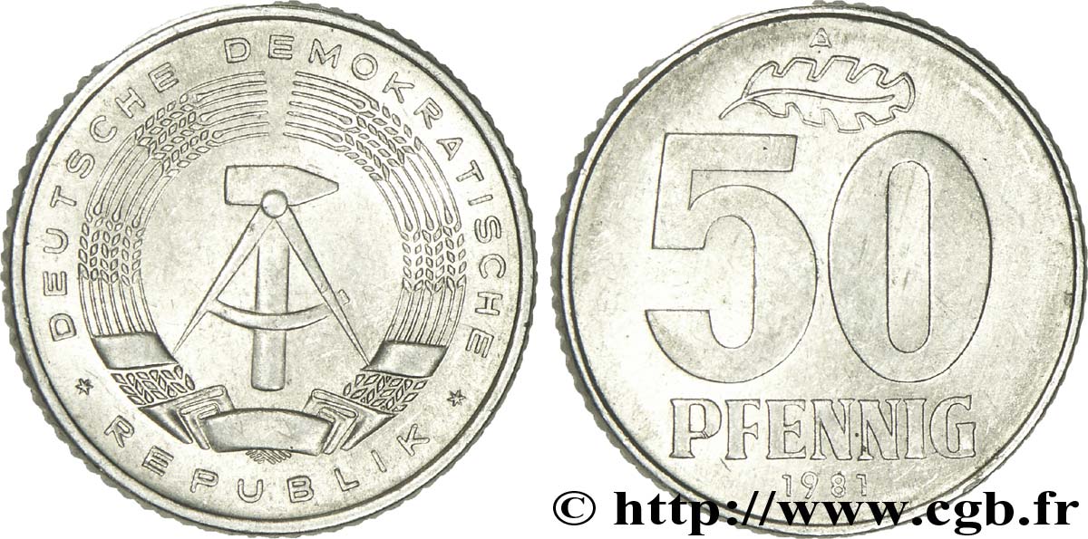 REPúBLICA DEMOCRáTICA ALEMANA 50 Pfennig emblème de la RDA 1981 Berlin EBC 