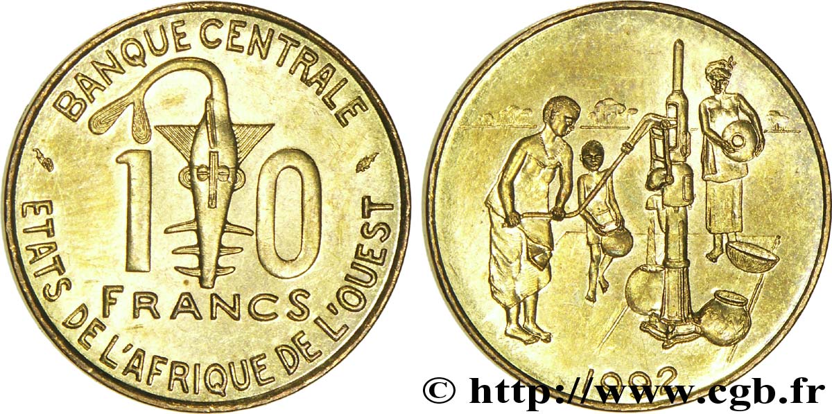 WESTAFRIKANISCHE LÄNDER 10 Francs BCEAO masque / villageois au puit 1992 Paris VZ 