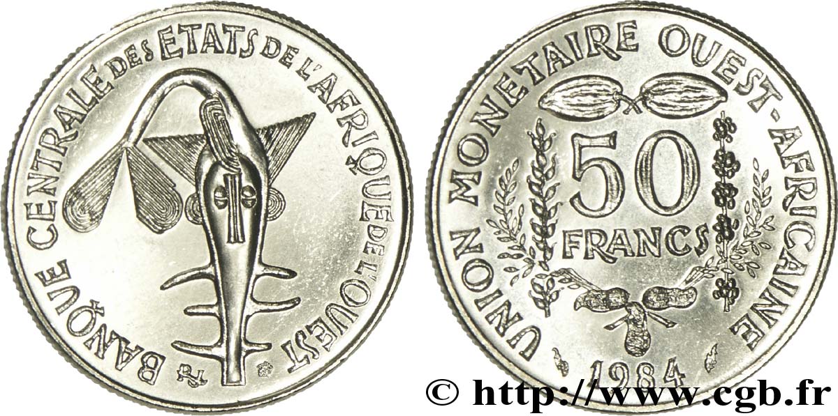 ESTADOS DE ÁFRICA DEL OESTE 50 Francs BCEAO masque 1984 Paris EBC 
