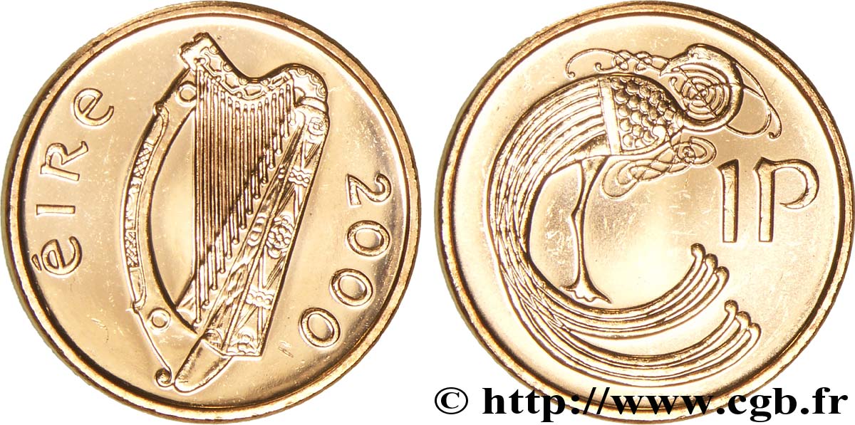 IRLANDA 1 Penny harpe / oiseau de style celte 2000  MS 