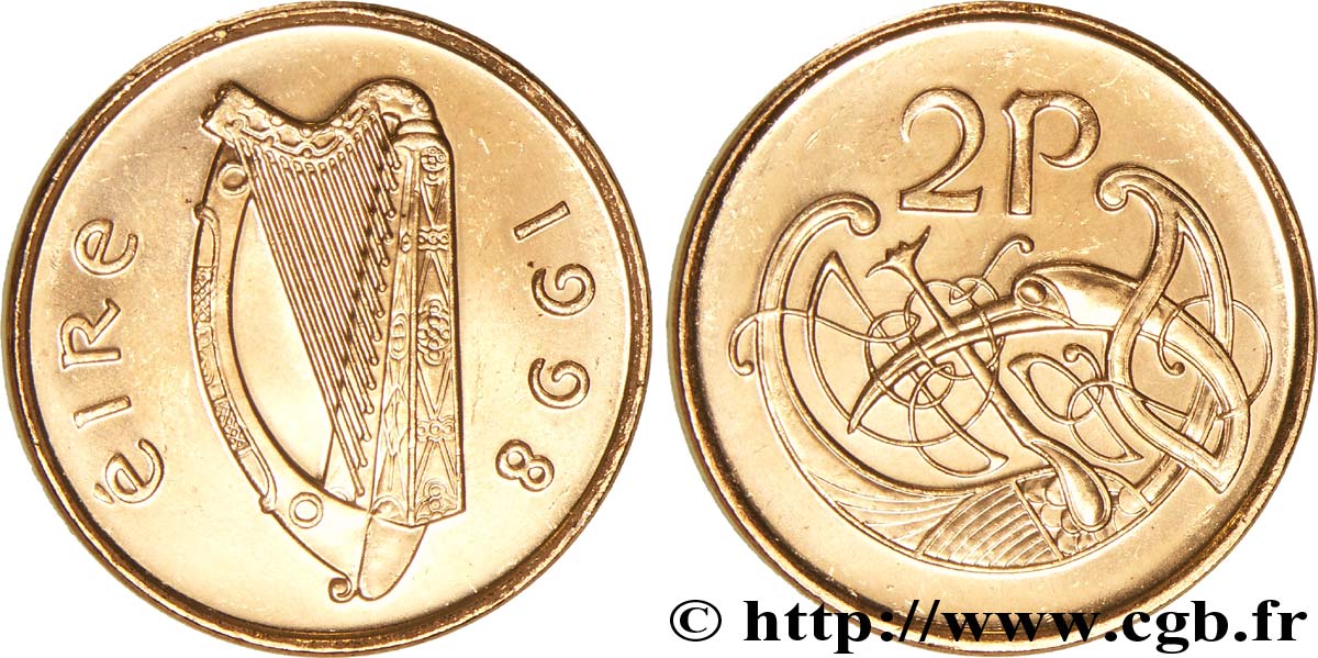 IRLAND 2 Pence harpe / oiseau de style celte 1998  fST 