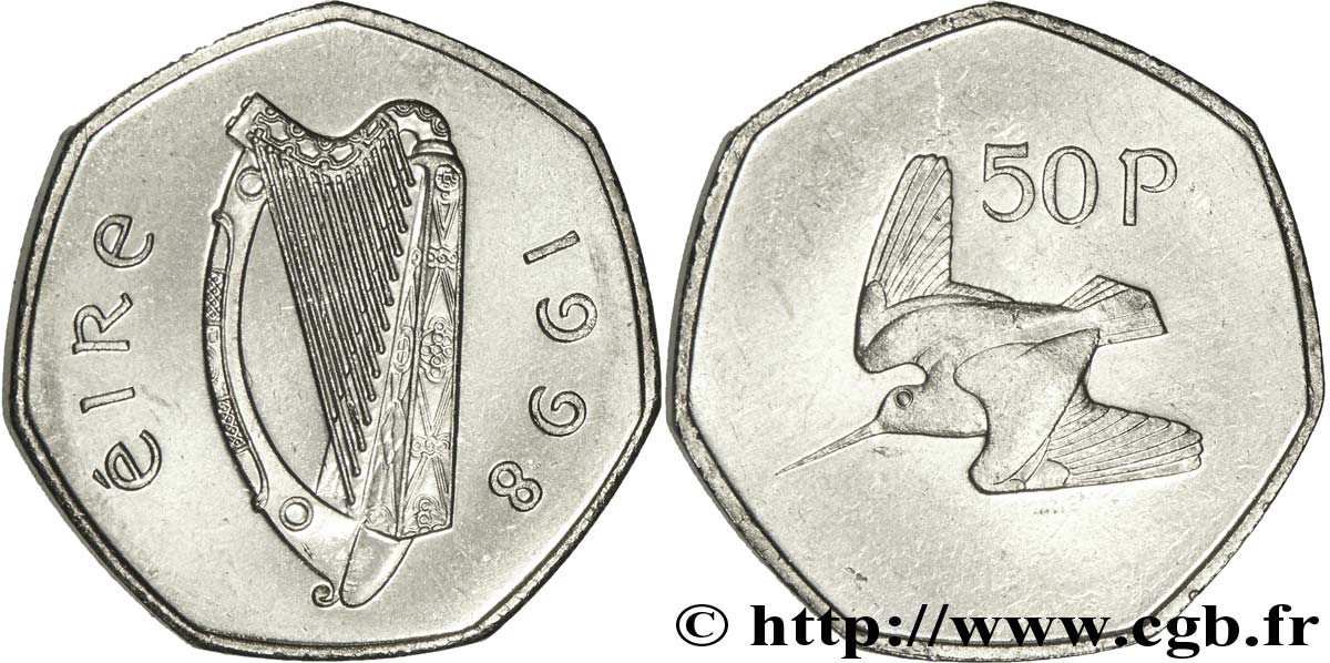IRLANDA 50 Pence harpe / bécasse des bois (Scolopax rusticola) 1998  MS 