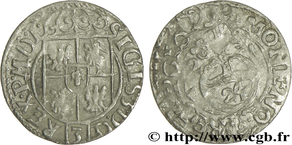 GERMANY 1 Dreipölker (3 Baltic Schilling) écu couronné / globe crucigère impérial 1621  VF 