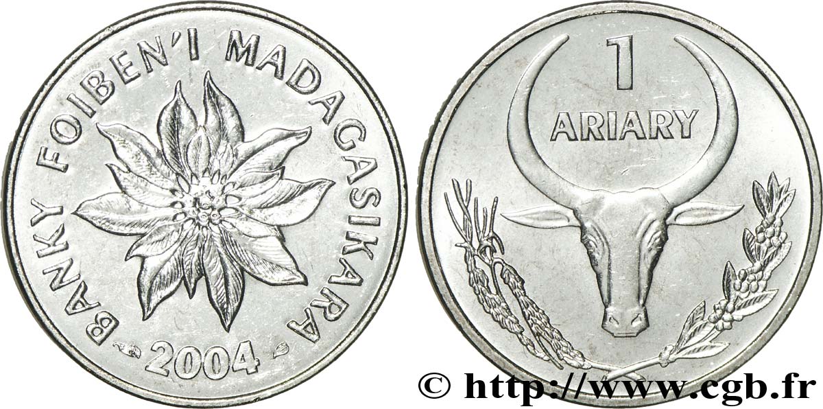 MADAGASKAR 1 Ariary République de Madagascar fleur / buffle 2004  VZ 
