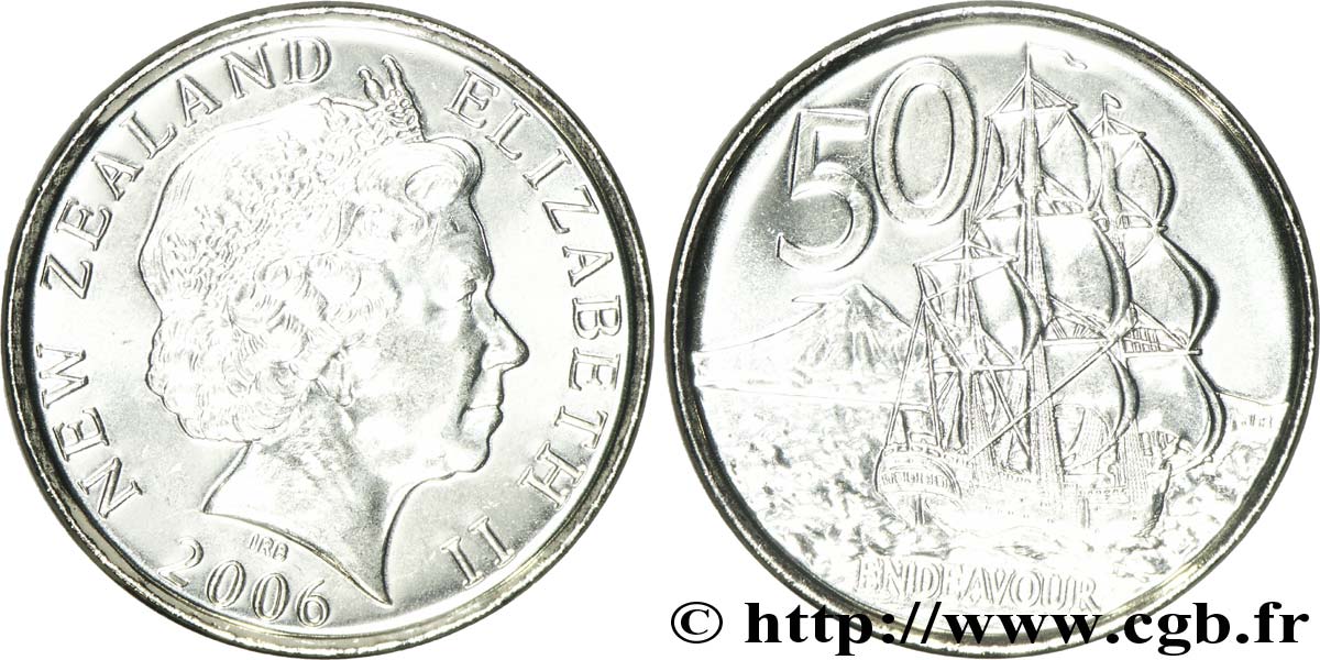 NUOVA ZELANDA
 50 Cents Elisabeth II / trois-mats Endeavour 2006 Royal Canadian Mint, Ottawa MS 