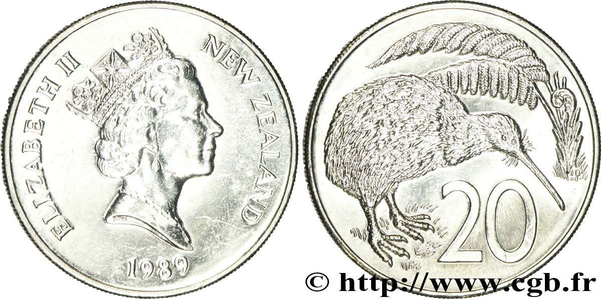 NEW ZEALAND 20 Cents Elisabeth II / kiwi 1989 Royal Canadian Mint, Ottawa AU 