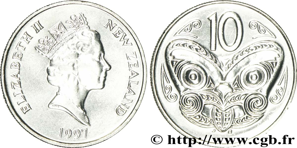 NEUSEELAND
 10 Cents Elisabeth II / masque maori 1997 Norske Myntverket, Oslo fST 