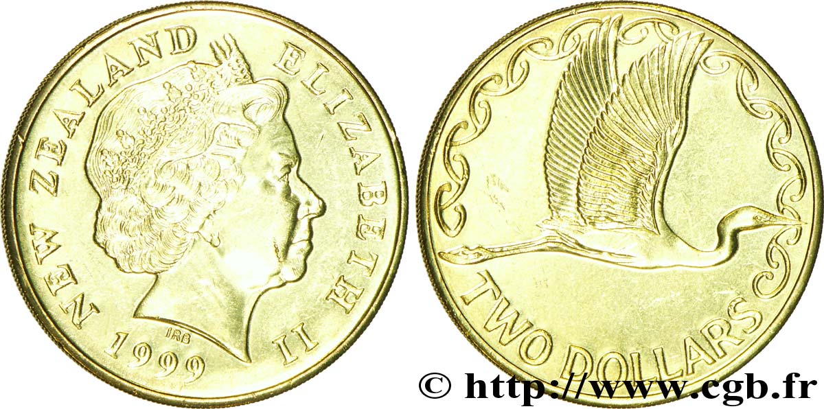NEW ZEALAND 2 Dollars Elisabeth II / kotuku (héron blanc) 1999 Pretoria MS 