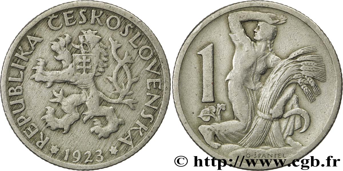 CECOSLOVACCHIA 1 Koruna lion / moissonneuse 1923  MB 