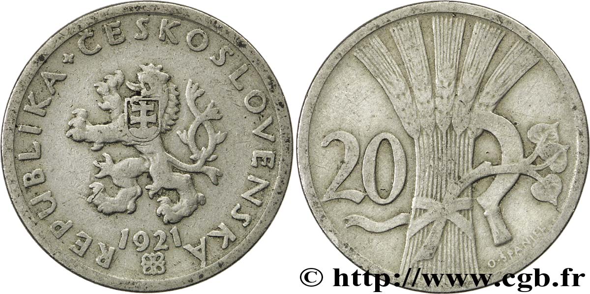 CZECHOSLOVAKIA 20 Haleru lion tchèque 1921  XF 
