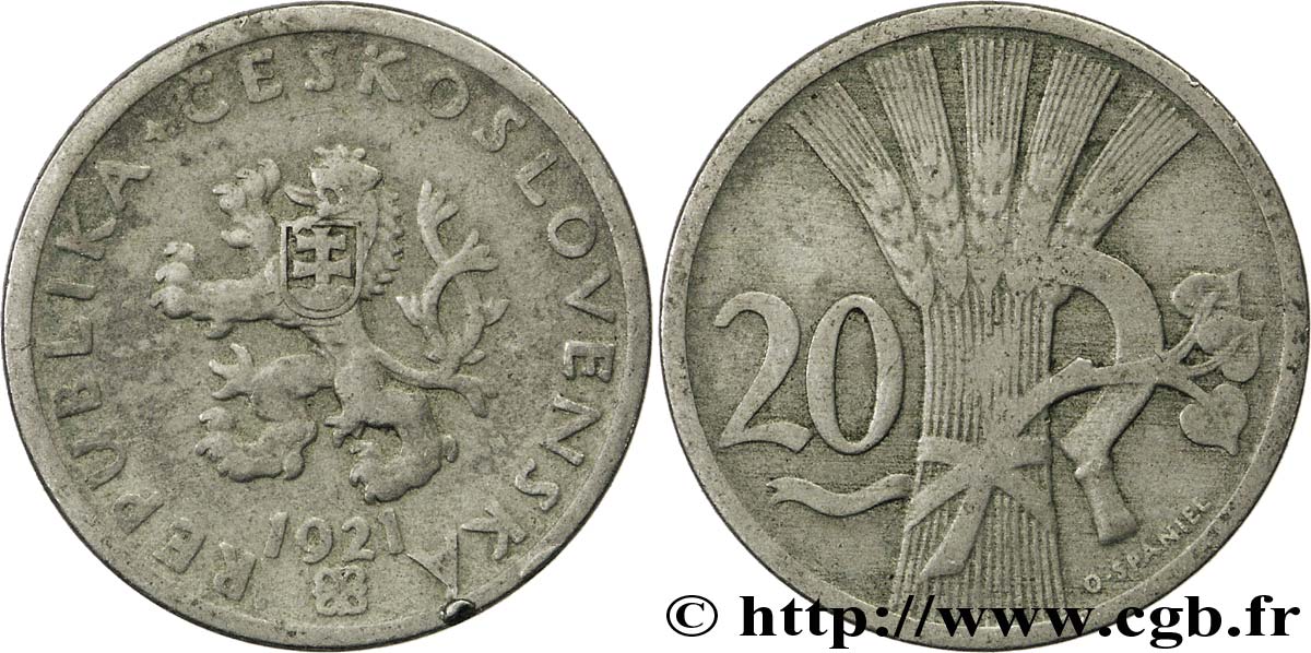 CZECHOSLOVAKIA 20 Haleru lion tchèque 1921  XF 