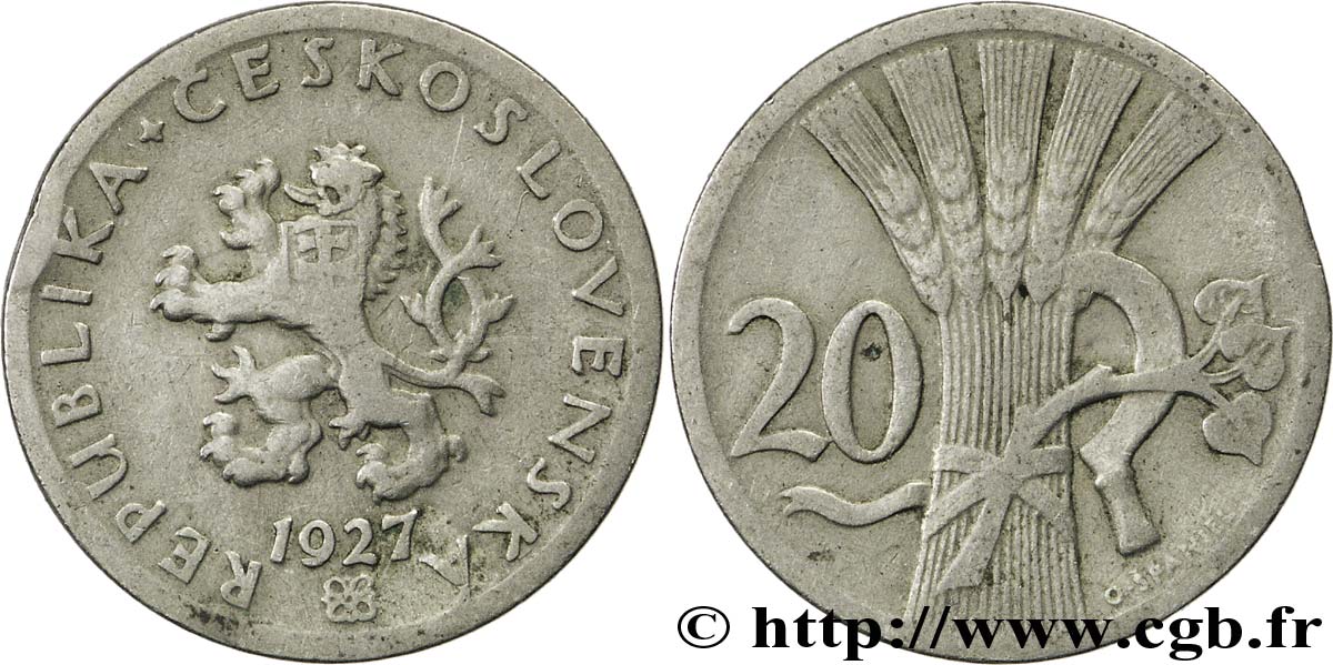 CZECHOSLOVAKIA 20 Haleru lion tchèque 1927  XF 