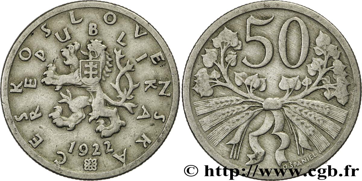 CZECHOSLOVAKIA 50 Haleru lion tchèque 1922  XF 