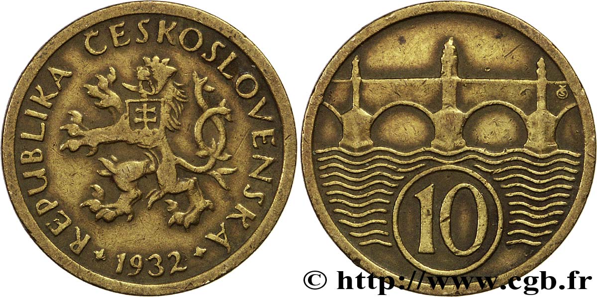 CZECHOSLOVAKIA 10 Haleru lion tchèque / pont Charles 1932  XF 