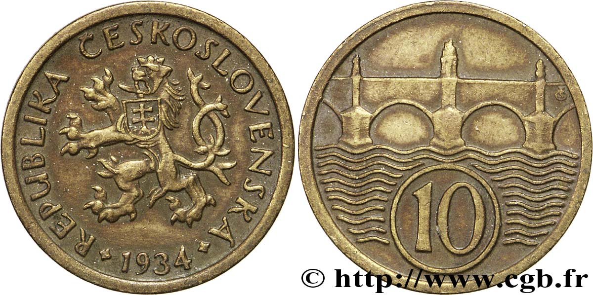 TCHÉCOSLOVAQUIE 10 Haleru lion tchèque / pont Charles 1934  TTB 