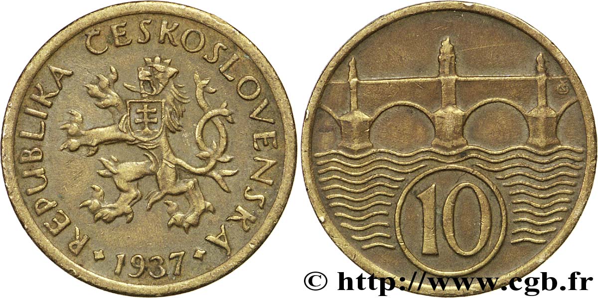 CZECHOSLOVAKIA 10 Haleru lion tchèque / pont Charles 1937  XF 