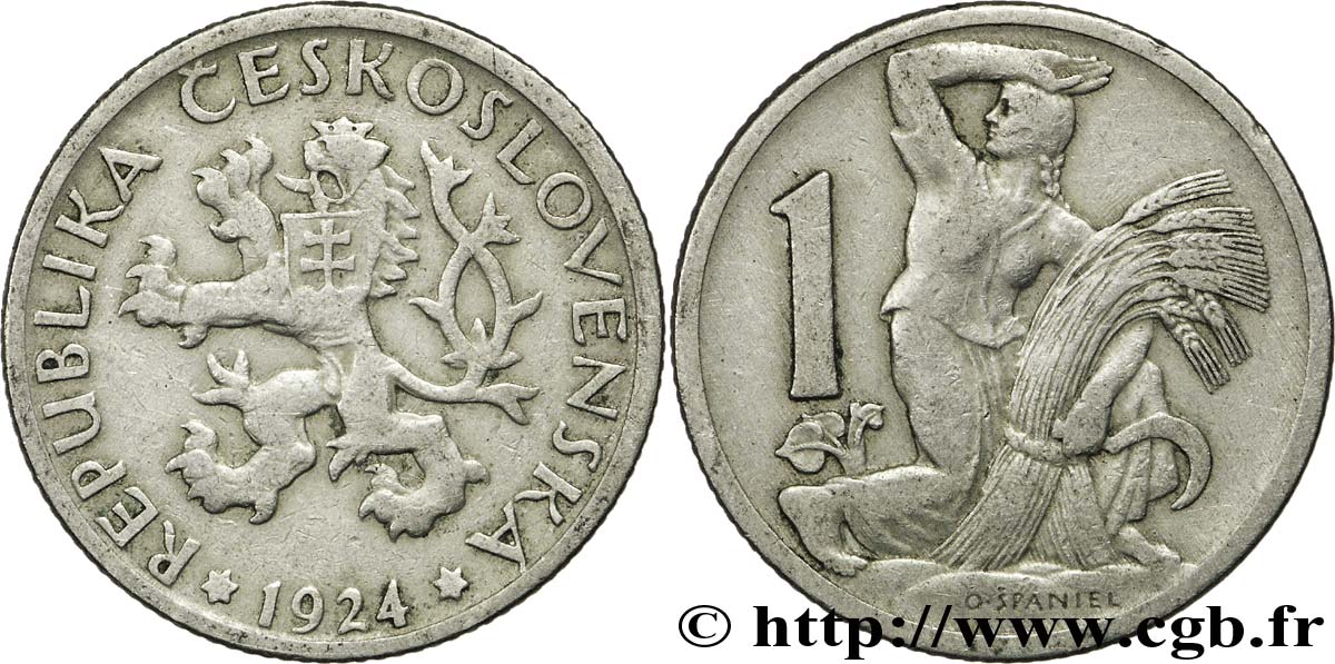 CZECHOSLOVAKIA 1 Koruna lion / moissonneuse 1924  VF 