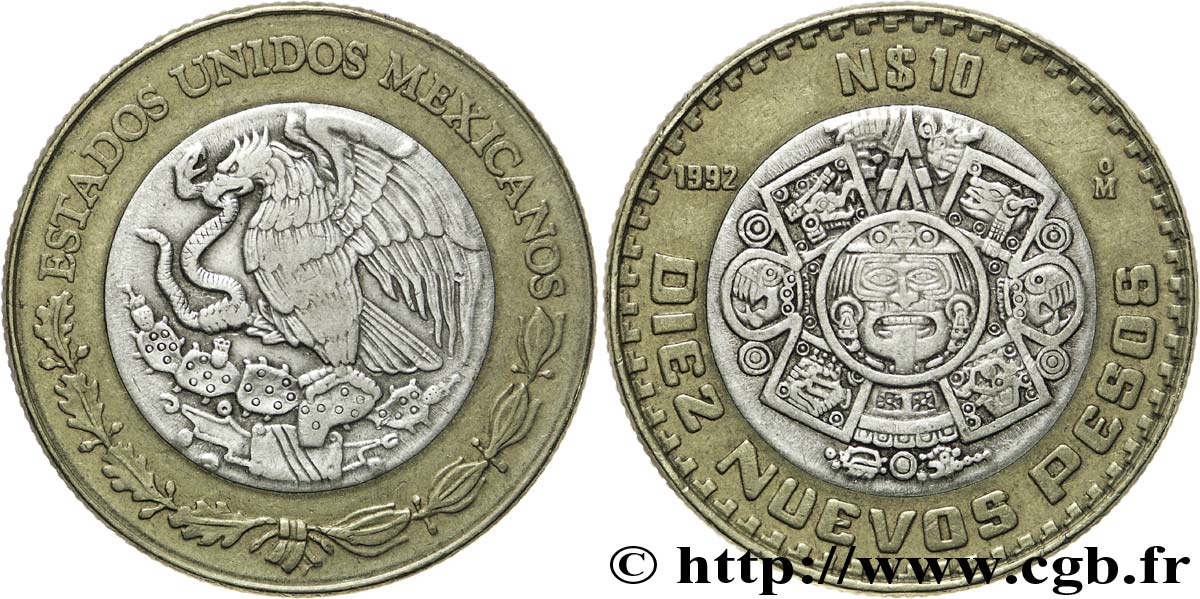 MESSICO 10 Nuevos Pesos aigle / la Pierre du Soleil avec au centre Tonatiuh (dieu du Soleil) 1992 Mexico BB 