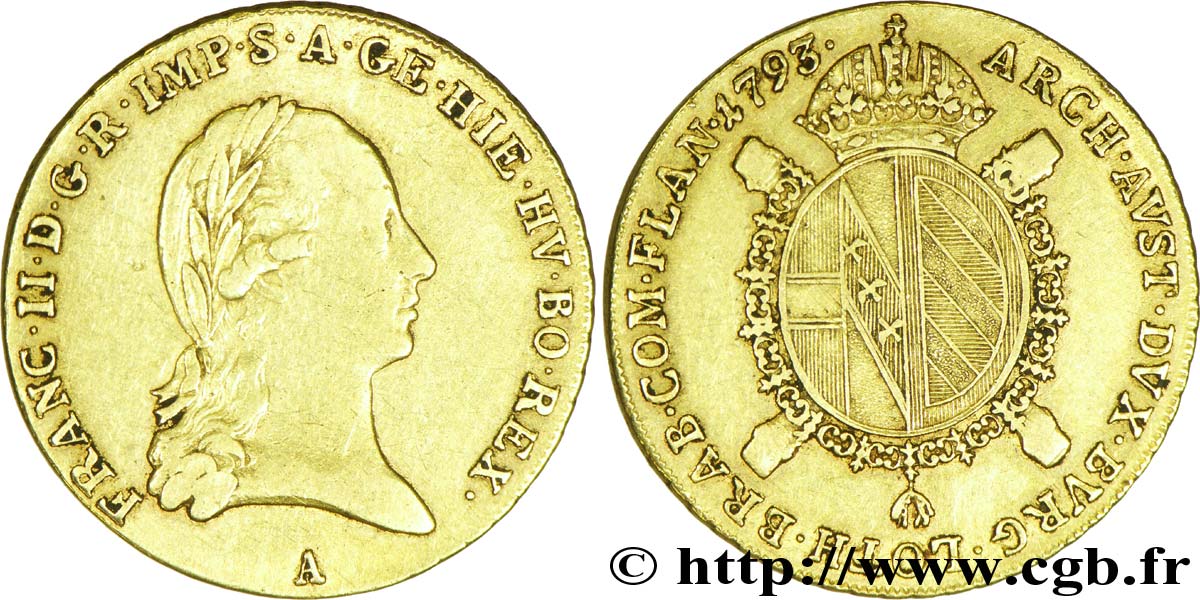BELGIO - PAESI BASSI AUSTRIACI 1 Souverain d’or pour les Pays-Bas Autrichiens François II / écu couronné 1793 Vienne BB 
