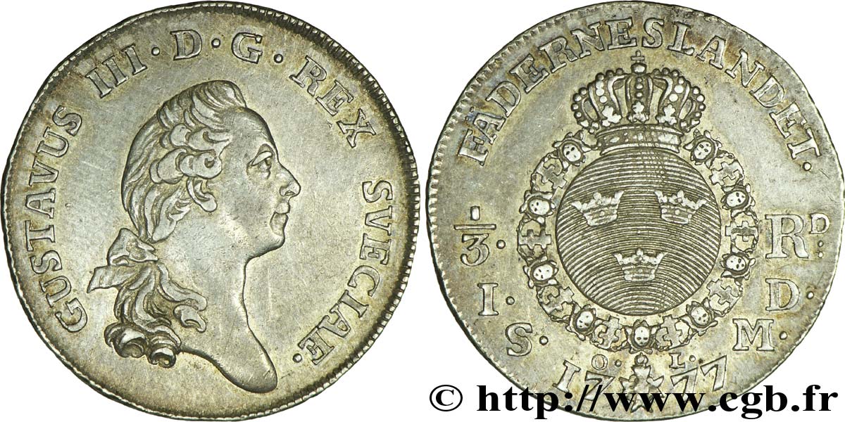 SUECIA 1/3 Riksdaler, 1er type roi Gustave III / écu rond de Suède 1777 Stockholm MBC+ 