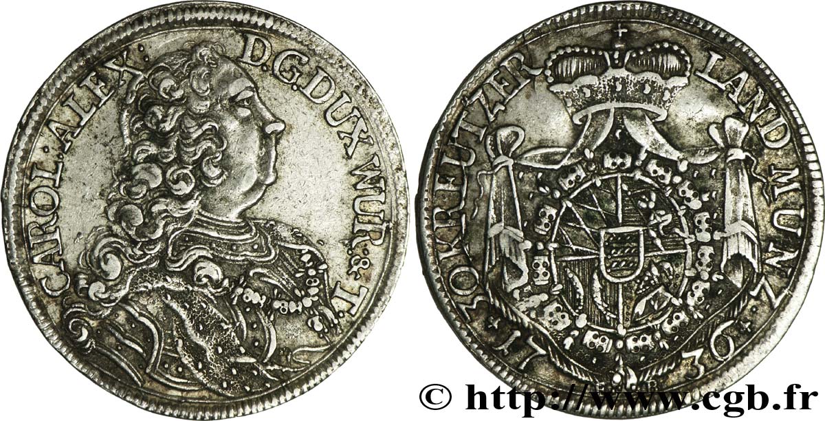 ALEMANIA - WURTEMBERG 30 Kreuzer, 1/2 Gulden ou 1/3 Thaler Duché de Wurttemberg, Charles Alexandre / écu 1736 Stuttgart MBC+ 