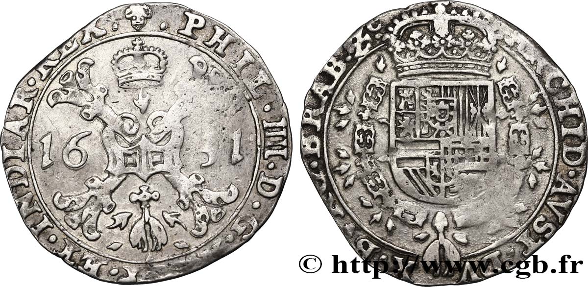 BELGIUM - SPANISH NETHERLANDS 1/4 Patagon au nom de Philippe IV d’Espagne 1631 Bruxelles VF 