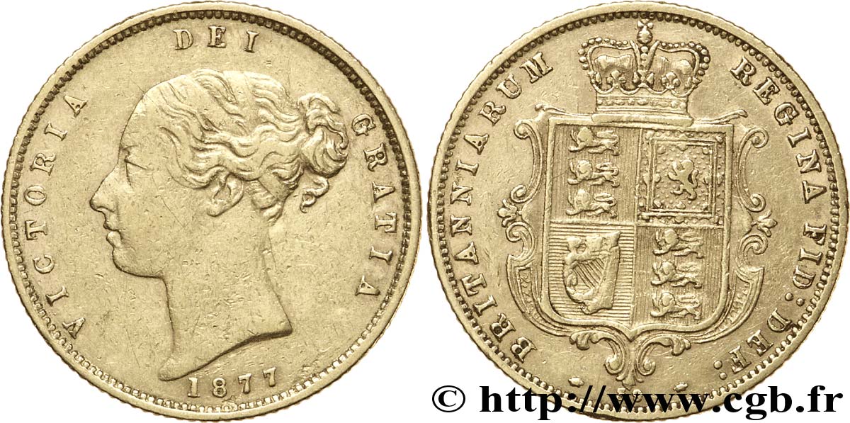 REINO UNIDO 1/2 Souverain Victoria buste jeune / blason type avec coin numéroté : coin n°59 1877 Londres MBC 