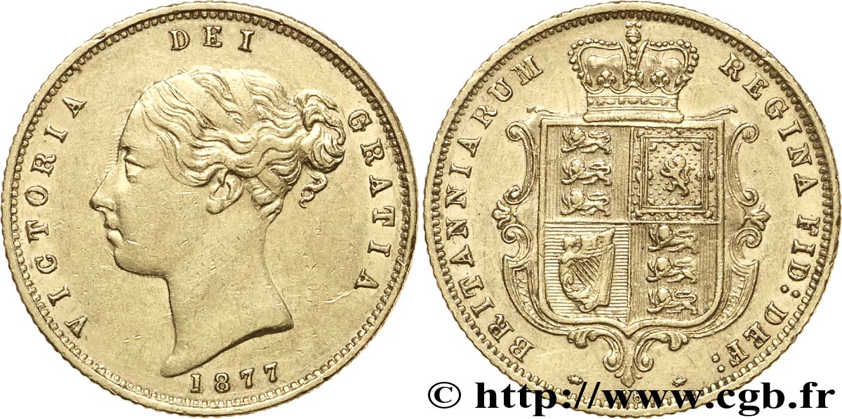 ROYAUME-UNI 1/2 Souverain Victoria buste jeune / blason type avec coin numéroté : coin n°88 1877 Londres TTB+ 