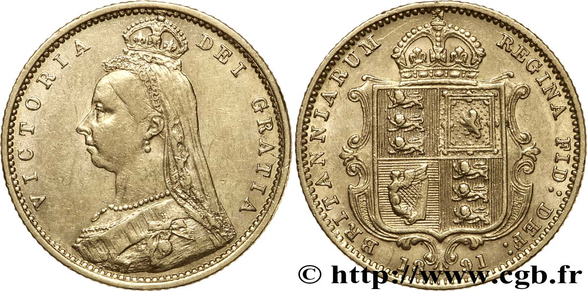 REINO UNIDO 1/2 Souverain Victoria “buste du jubilé” 1891 Londres EBC 