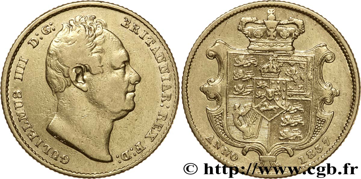 UNITED KINGDOM 1 Souverain Guillaume IIII tête nue / blason 1837 Londres VF 