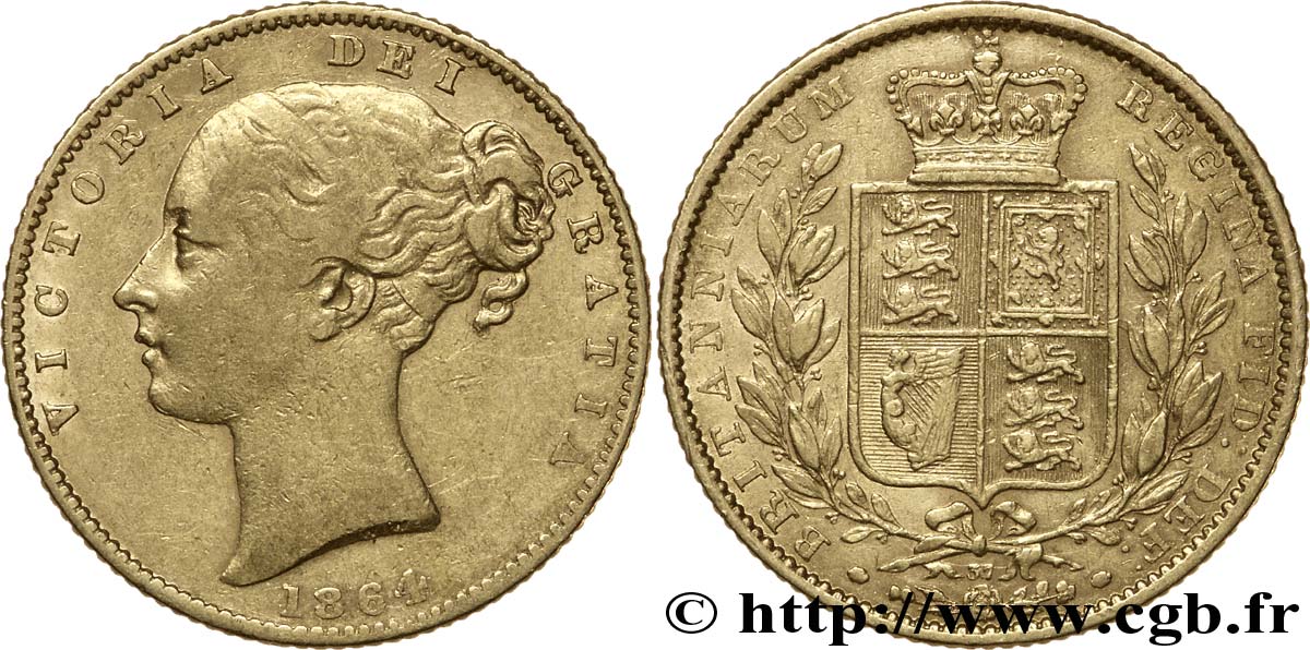 REINO UNIDO 1 Souverain Victoria buste jeune / blason variété avec numéro de coin, coin n°37 1864 Londres BC+ 
