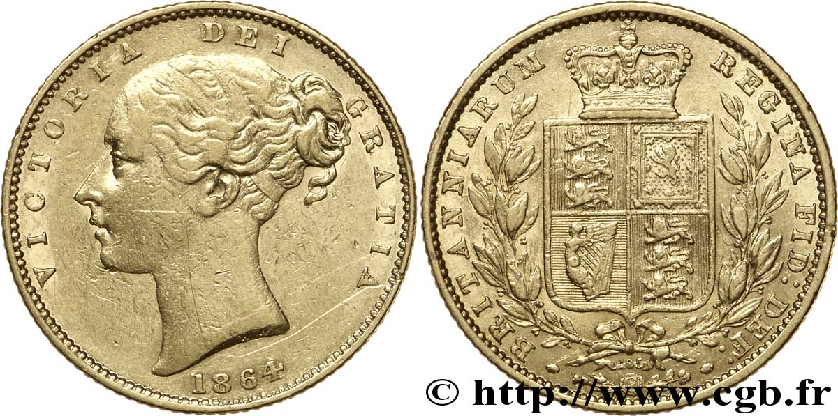 ROYAUME-UNI 1 Souverain Victoria buste jeune / blason variété avec numéro de coin, coin n°105 1864 Londres TB+ 