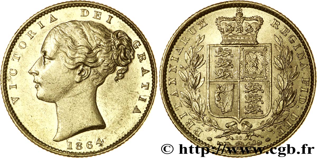 UNITED KINGDOM 1 Souverain Victoria buste jeune / blason variété avec numéro de coin, coin n°86 1864 Londres AU 