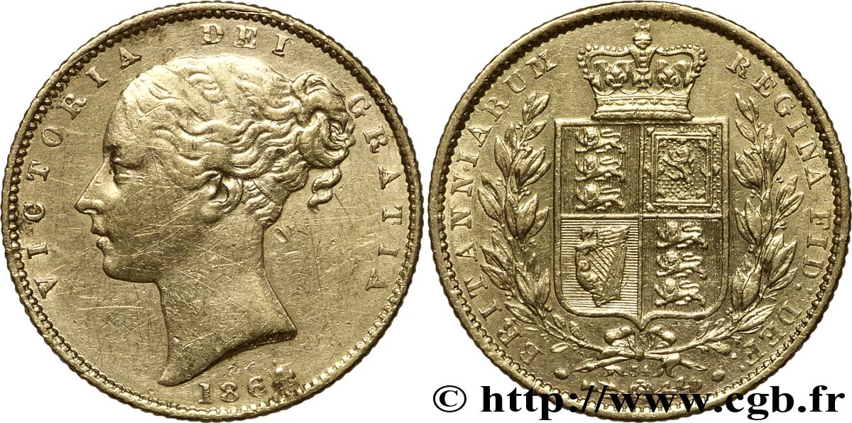 REINO UNIDO 1 Souverain Victoria buste jeune / blason variété avec numéro de coin, coin n°54 1864 Londres BC+ 