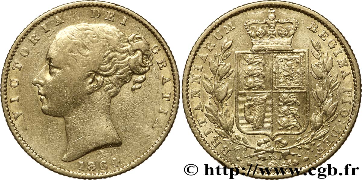 REINO UNIDO 1 Souverain Victoria buste jeune / blason variété avec numéro de coin, coin n°38 1864 Londres BC+ 