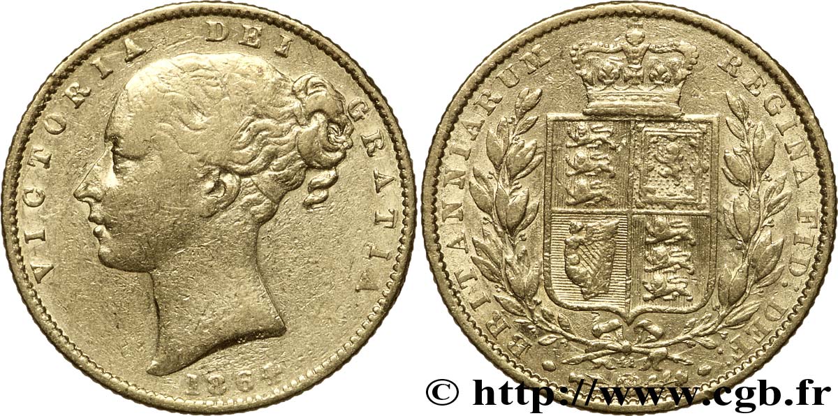 REINO UNIDO 1 Souverain Victoria buste jeune / blason variété avec numéro de coin, coin n°41 1864 Londres BC+ 