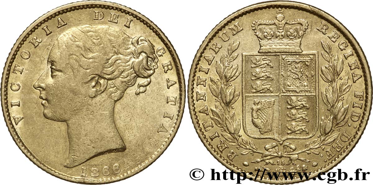 REINO UNIDO 1 Souverain Victoria buste jeune / blason variété avec numéro de coin, coin n°75 1866 Londres MBC 