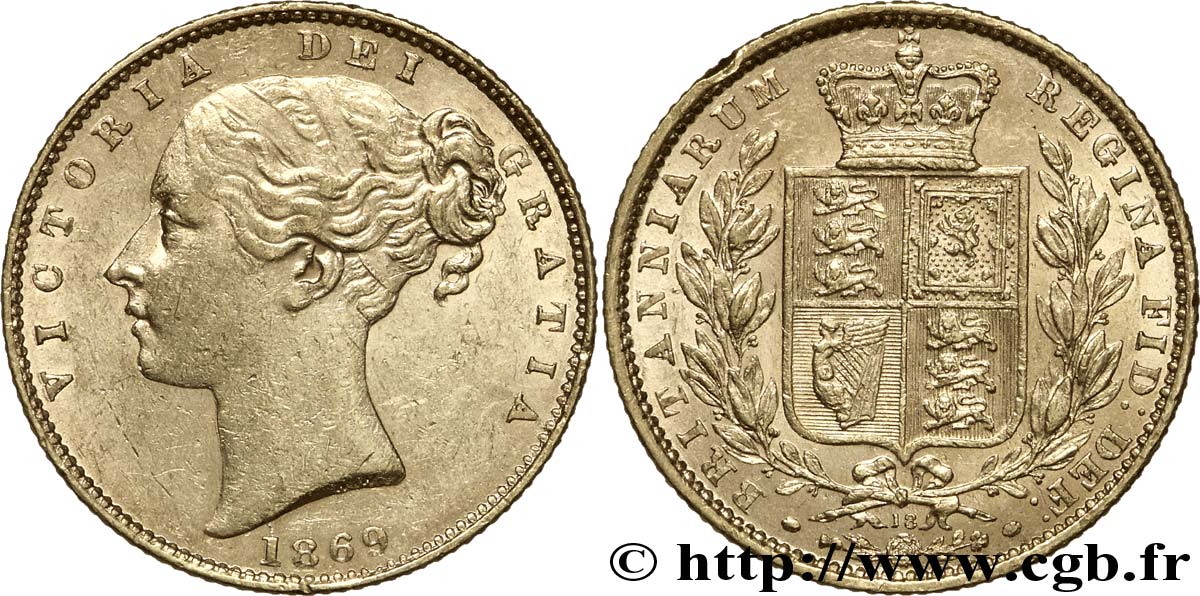 REINO UNIDO 1 Souverain Victoria buste jeune / blason variété avec numéro de coin, coin n°18 1869 Londres EBC 