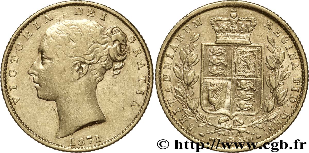 ROYAUME-UNI 1 Souverain Victoria buste jeune / blason variété avec numéro de coin, coin n°83 1872 Londres TTB 