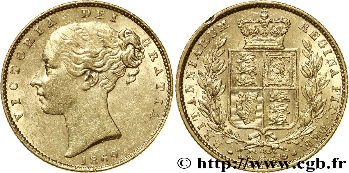UNITED KINGDOM 1 Souverain Victoria buste jeune / blason variété avec numéro de coin, coin n°18 1869 Londres AU 