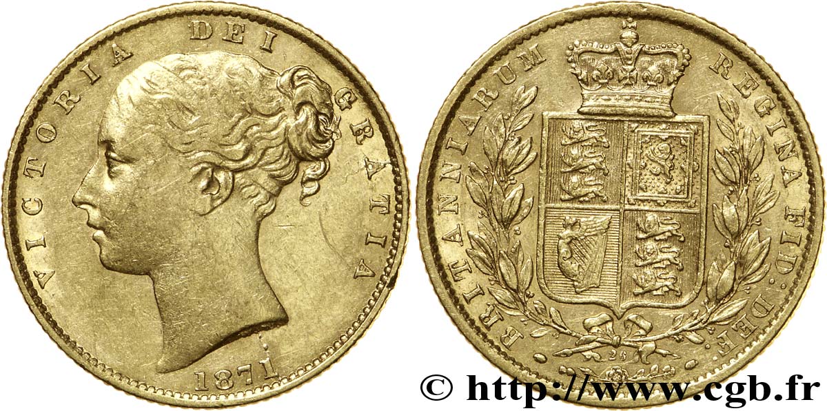 REGNO UNITO 1 Souverain Victoria buste jeune / blason variété avec numéro de coin, coin n°26 1871 Londres BB 