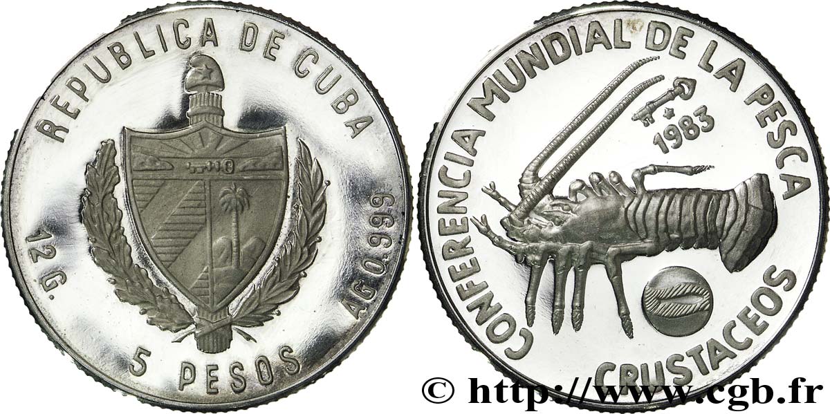KUBA 5 Pesos Conférence internationale de la pêche : emblème / langouste 1983  fST 