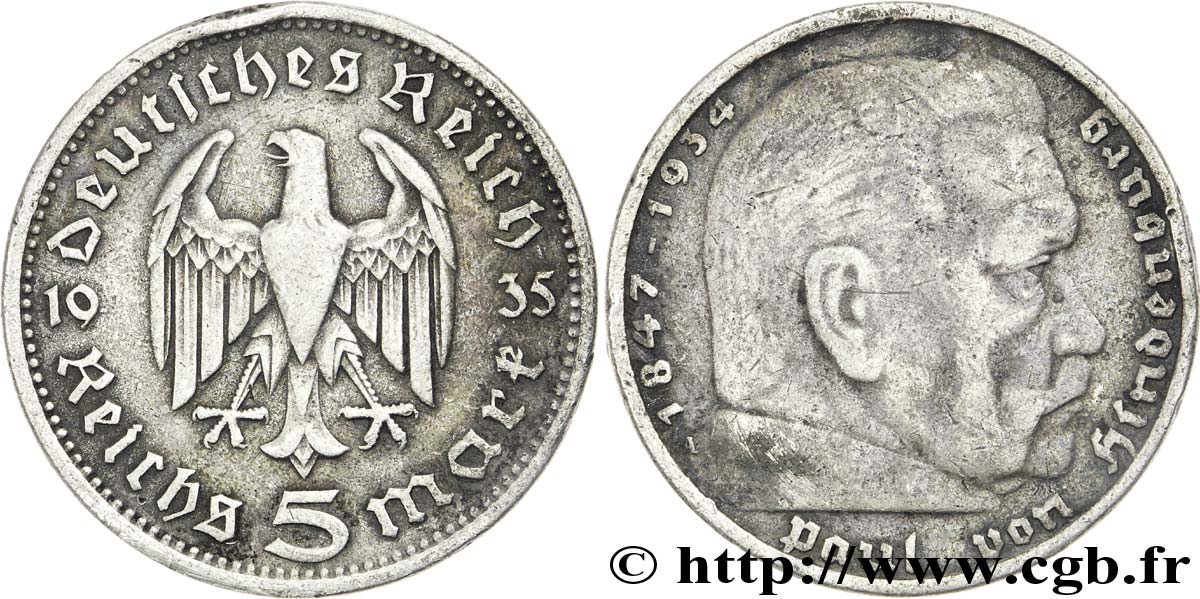 GERMANY 5 Reichsmark Aigle / Maréchal Paul von Hindenburg 1935 Berlin VF 