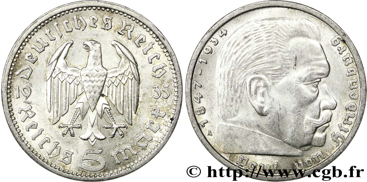 GERMANIA 5 Reichsmark Aigle / Maréchal Paul von Hindenburg 1935 Berlin SPL 