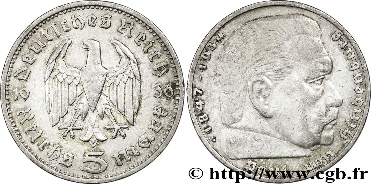 ALEMANIA 5 Reichsmark Aigle / Maréchal Paul von Hindenburg 1936 Karlsruhe - G MBC 